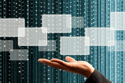 hand hold a touch screen interface with digital matrix background