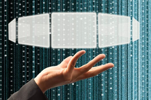 hand hold a touch screen interface with digital matrix background