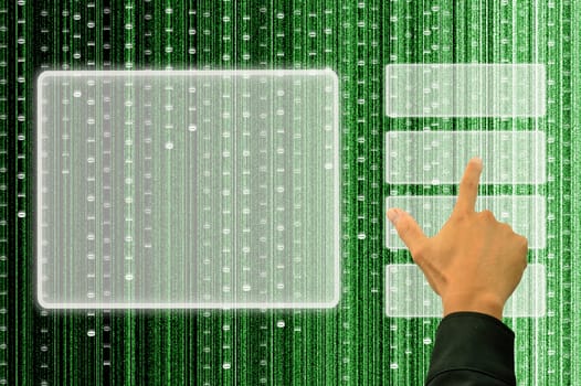hand pushing a button on a touch screen interface with digital matrix background