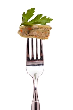 White Isolated Vegetarian Maultaschen on a Fork
