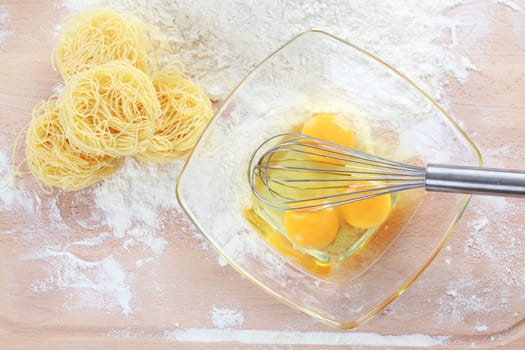 Baking ingredients for pasta and noodles - top view