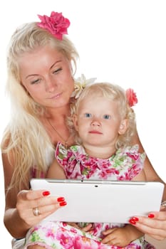 mother and daughter looking tablet, isolated on white