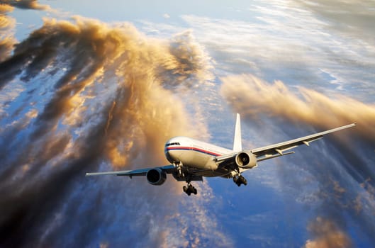 airplane flying through a dramatic cloud-scape, ocean visable through clouds