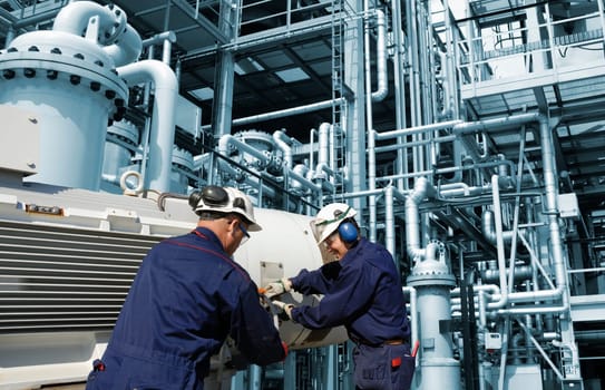 two oil and gas engineers, workers, inside refinery with pipelines