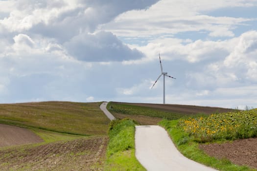 Landscape with wind power plant,alternative energy and agriculture