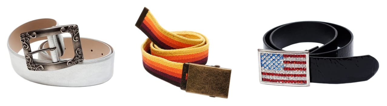 Collage three belts, one of the fabrics, two from skin and buckle in the manner of flag. Picture is formed from several photographies