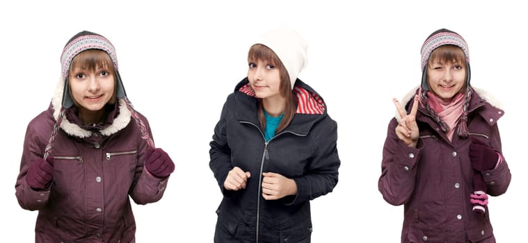 Collage beautiful young girl in winter to cloth on white background. Picture built from several pictures