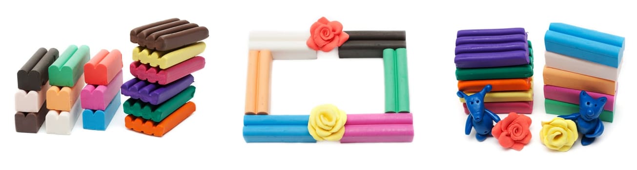 Collage from plasticine frame and dog on white background. Picture is formed from several photographies