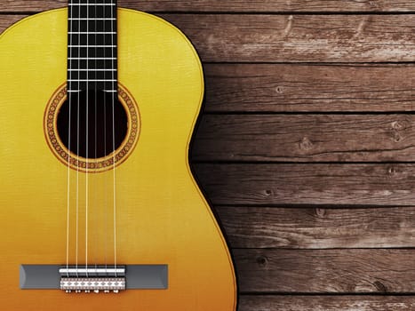 Acoustic guitar on wood background - 3D Render