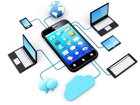 Smartphone and Home Electronic Devices connected to cloud server.  Note: All Devices design and all screen interface graphics in this series are designed by the contributor him self.