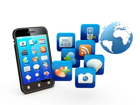 Smartphone with cloud of application icons  Note: All Devices design and all screen interface graphics in this series are designed by the contributor him self.