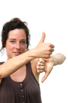 young woman showing thump up and thump down