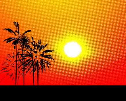 Stylized summer background with halftone sun and palm trees