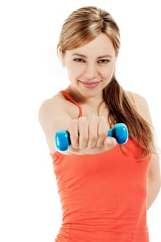 Portrait of a young sportswoman with blue fitness dumbbell against white background