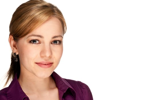 Portrait of a young business woman in front of white background