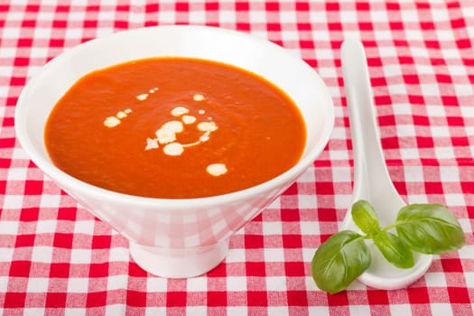 Tomato soup in white bowl on red and white checkered tablecloth