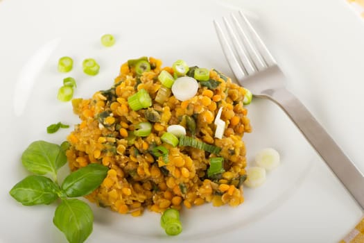 Lentil salad on white plate