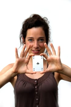 young woman holding a ace playing card