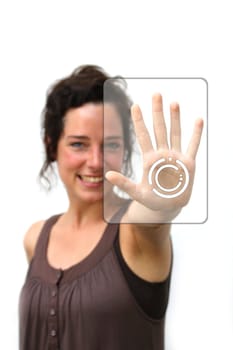young woman making a finger gesture on a digital interface