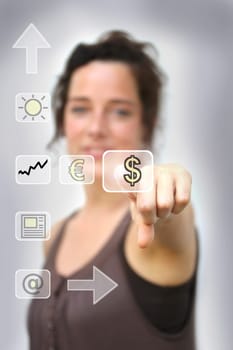 young woman pointing at a digital interface with a dollar sign
