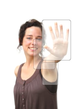 young woman pointing at a digital interface with her left hand