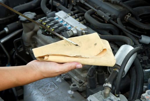 Auto mechanic checking oil