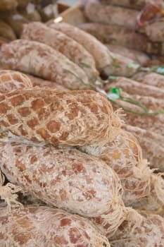 Sausages prepared to sell at farmers' market (Provence, France)