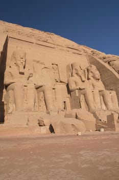 Abu Simbel Temple of King Ramses II, a masterpiece of pharaonic arts and buildings in Old Egypt