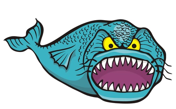 Cartoon of big angry fish isolated on white