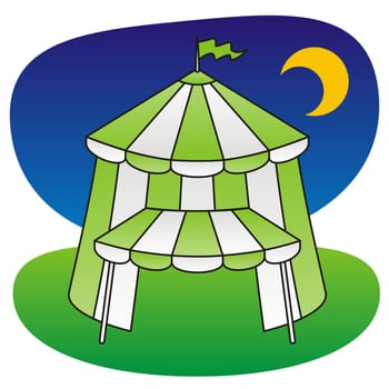 Green and white circus tent under a night sky