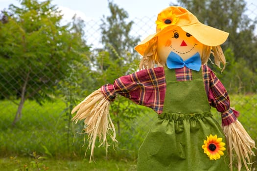 Colorful scarecrow is dressed in clothes at garden