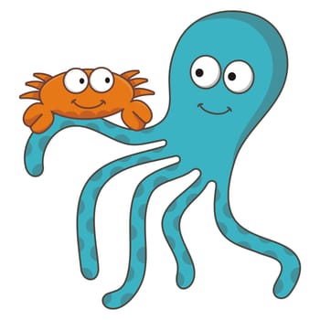 Cartoon illustration of sea creatures. Crub playing with octopus