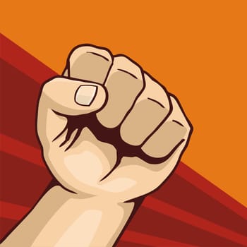 Illustration of fist line-art on dark red and orange background