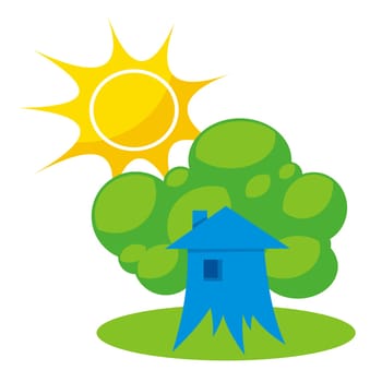 Greener home icon with tree like building and sun