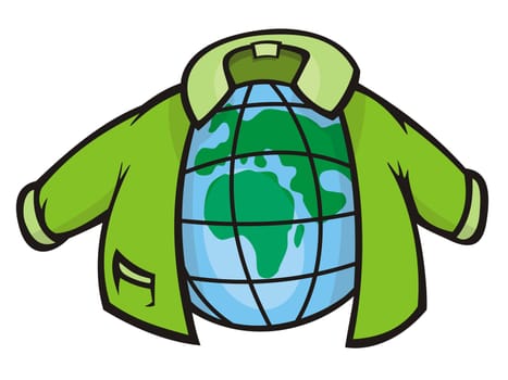 Cartoon illustration of earth globe protected by green jacket