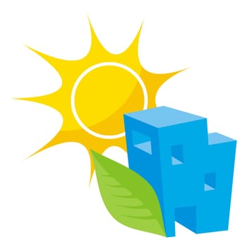 Greener home icon with blue building leaf and sun