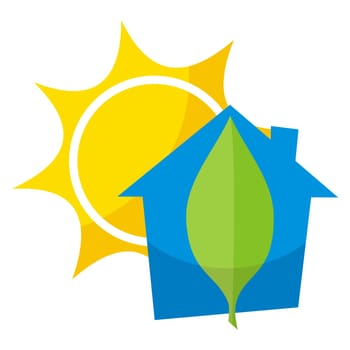 Greener home icon with blue building leaf and sun