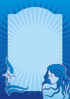Young spa girl with iris flower on blue vertical background