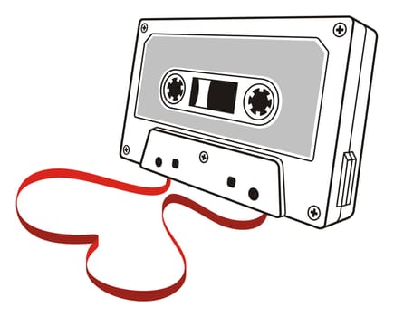 Line art of audio cassette with loose tape shaping a heart