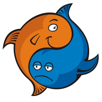 Blue and orange cartoon fish yin yang or pisces symbol