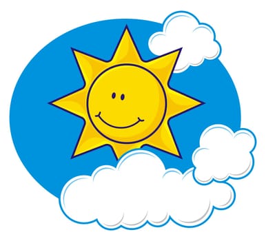 Cartoon of a smiling sun with fluffy clouds