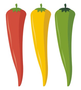 Illustration of three chili peppers in assorted colors