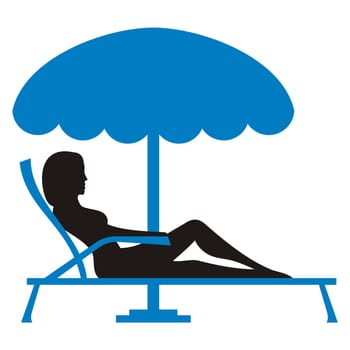 Silhouette of a young woman relaxing on lounnge chair with parasol