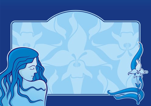 Young girl with iris flower on blue horizontal background