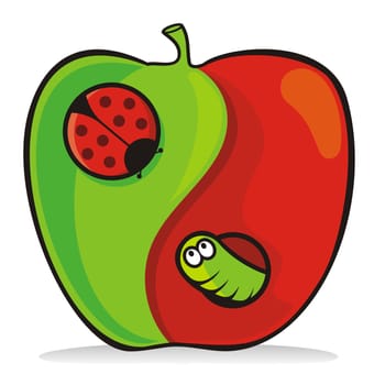 Yin yang apple cartoon with ladybug and worm