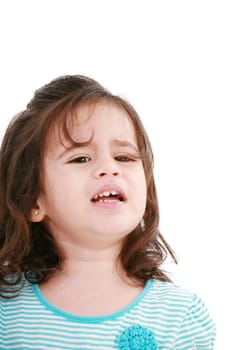Portrait of little girl crying. Isolated on white background.