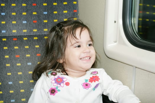 Cute little girl looking window inside a moving train