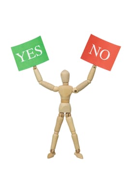Mannequin Doll with Yes and No Signs on white background