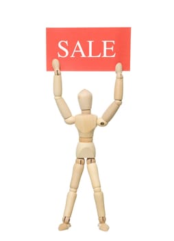 Mannequin Doll with a Sale Sign on white background