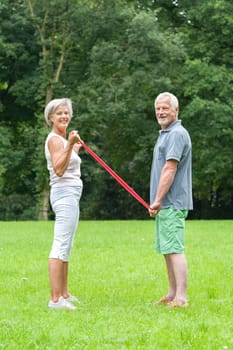 Active retired couple doing sports in a park